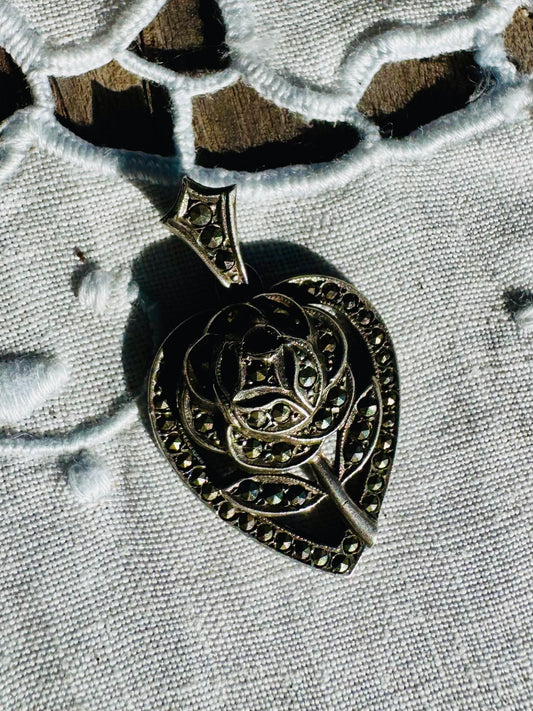 C.1940s-1950s sterling and marcasite rose pendant