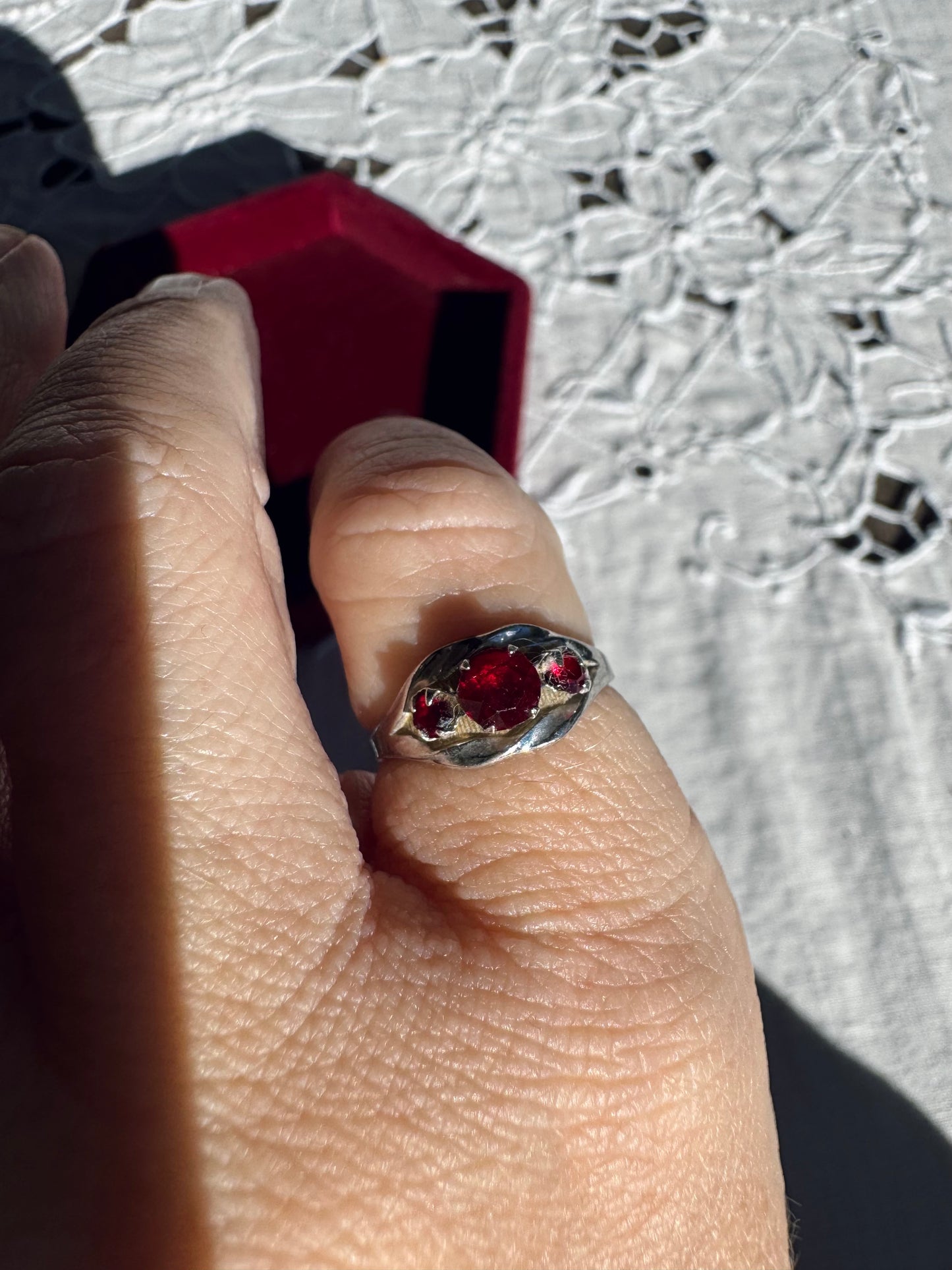Petite Poet’s Heart: rubies in silver ring